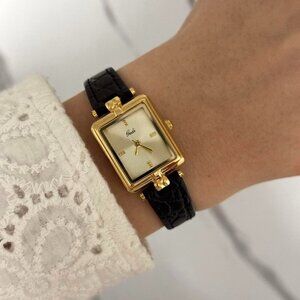 sku:0022 vintage style , gold watch with black leather strap + in a gift box